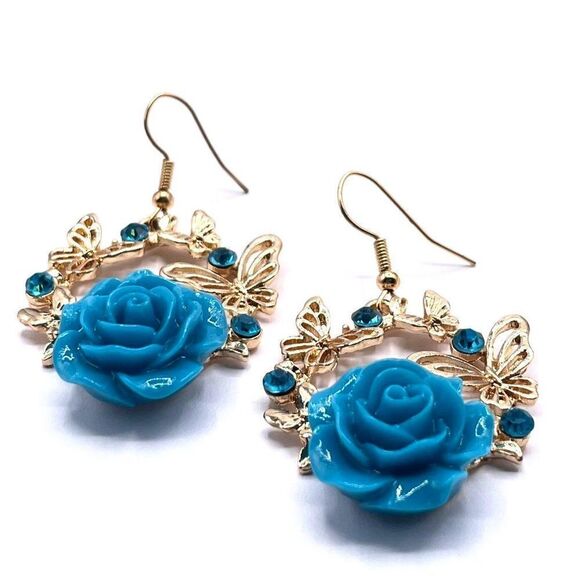 Yellow Gold with Blue Roses and Crystal Dangling Butterfly Hook Earrings - Picture 3 of 8
